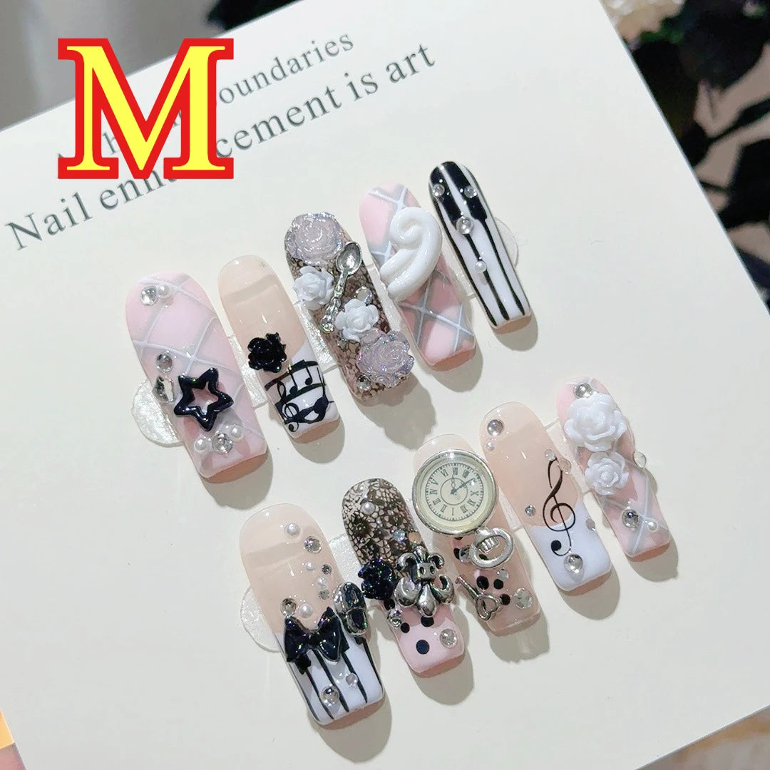 Musical Notes Retro Vintage Gyaru French Handmade Press On Nails 3D Rose Bow Pearl Pink Fake Nails Y2K Cute Long Coffin Nail 