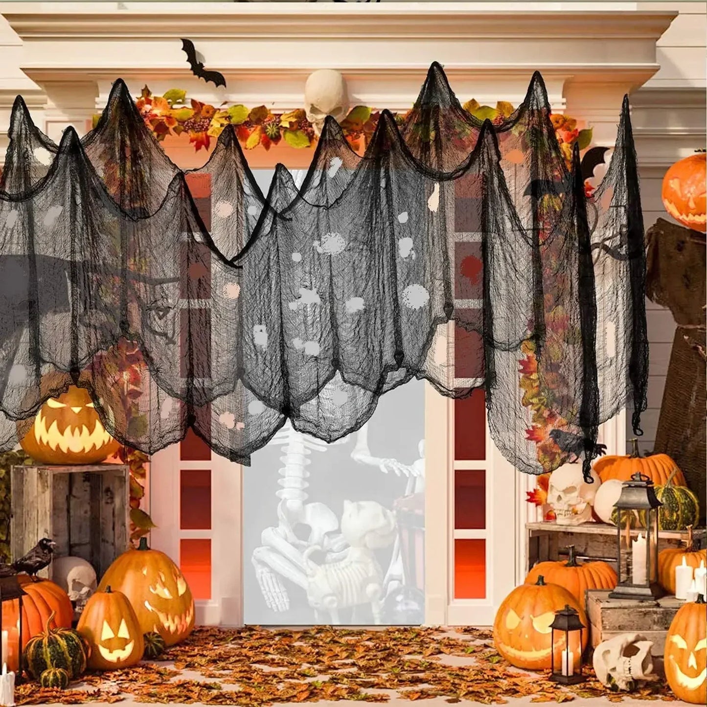 76x183cm Halloween Decorations Black Creepy Gauze Cloth Window Table Door Net Spooky Fancy Dress Party Haunted House Wall Dec
