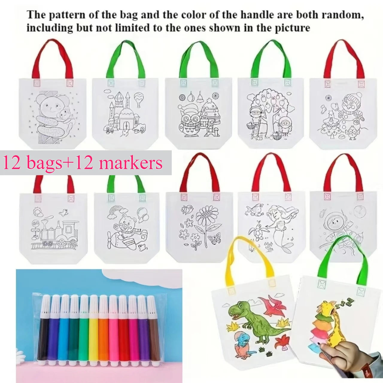 24pcs(12 Bags+12 Markers), DIY Graffiti Pack with Colored Markers, Reusable Animal Art Party Gift Bags, Storage Accessories
