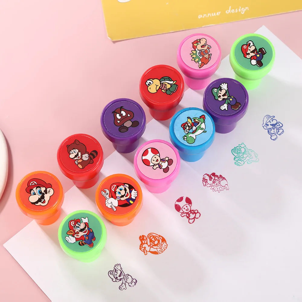 12PCS Super Marios Stamps for Kids Anime Action Figures Signet Teacher Stamp Reward Kids Accessory Children Classic Toys Gift