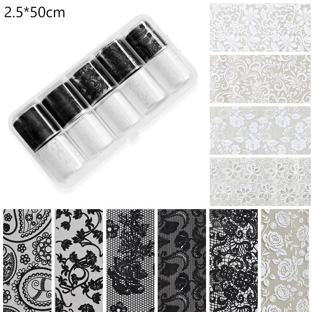 10 Rolls Black White Lace Nail Foil Transfer Stickers DIY Waterproof Nail Decoration Supplies Nail Accessorie