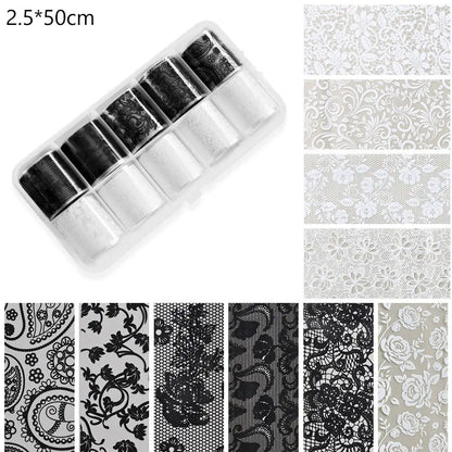10 Rolls Black White Lace Nail Foil Transfer Stickers DIY Waterproof Nail Decoration Supplies Nail Accessorie