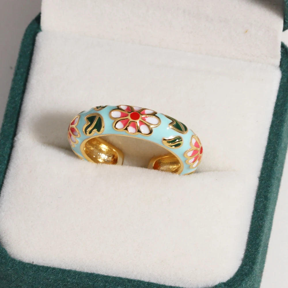 Vintage Colorful Enamel Flower Rings Trendy Geometric Female Minimalist Flower For Ladies Wedding Party Engagement Jewelry Gi