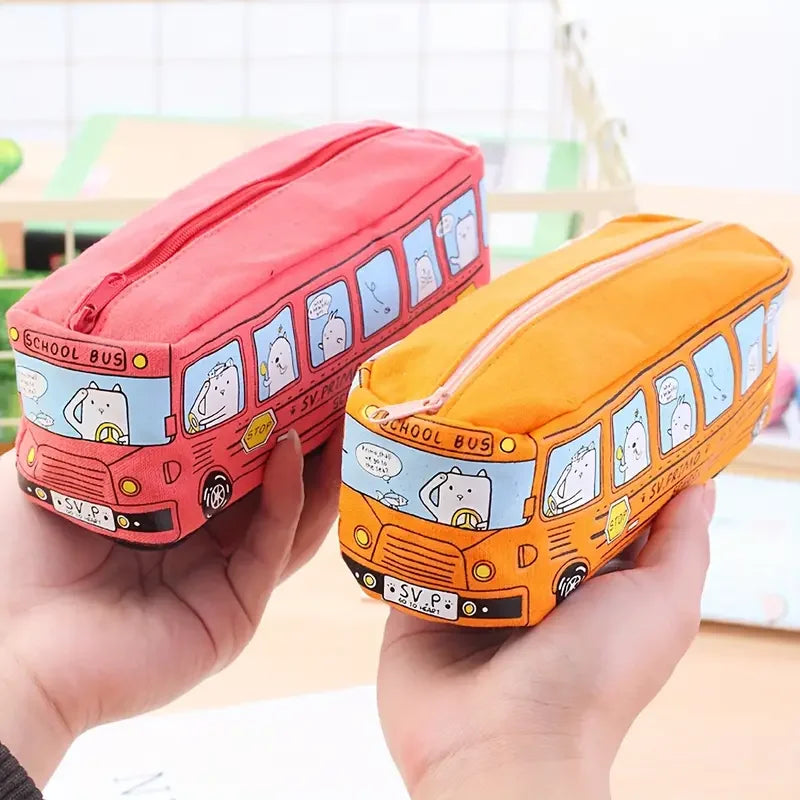 1pc Creative Large Capacity Canvas School Bus Pencil Case Pencil Bag Stationery Pen Bag to Store School Supplies