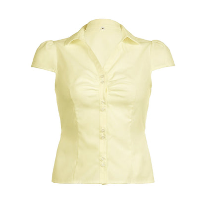Women Short Sleeve Button Down Shirts Vintage Stripe Print Slim Fitted Cropped Collared Blouse Elegant Lady Business Shirts -
