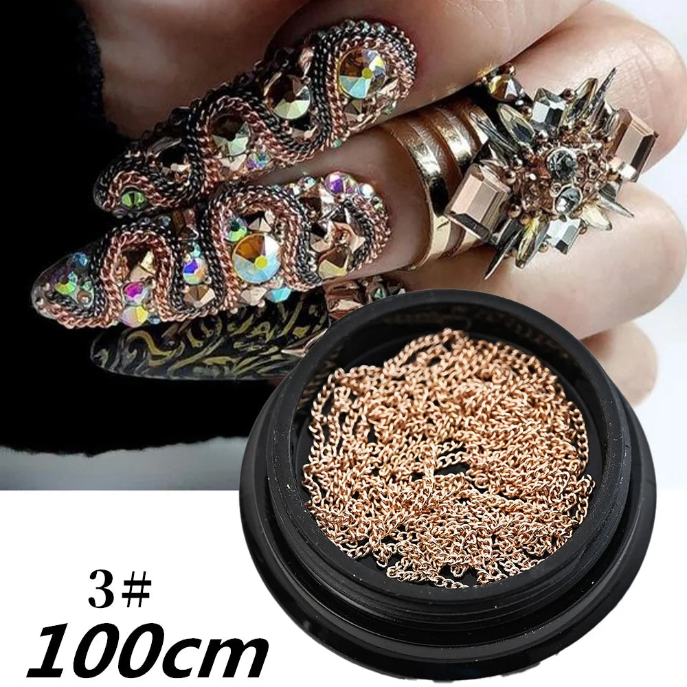 100/50cm Long Luxury Crystal Chain Nail Charms 1.5/2mm Shinying Clear/AB Diamond Nail Art Metal Steel French Manicure Crystal