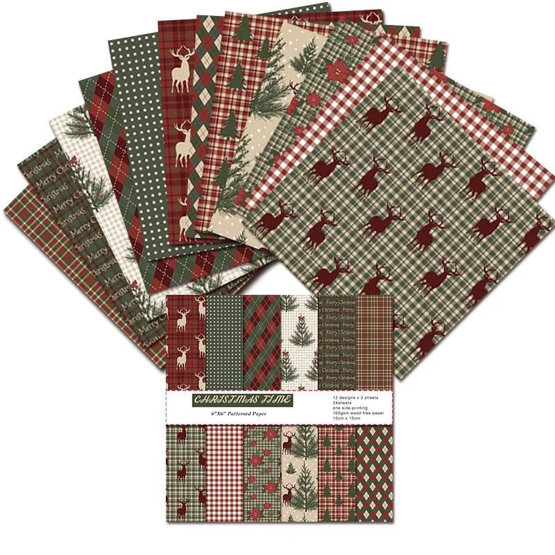24pcs Junk Journaling Craft Paper Vintage Merry Christmas Scrapbook Paper Assorted Pattern Single-Sided DIY Cardmaking Suppli