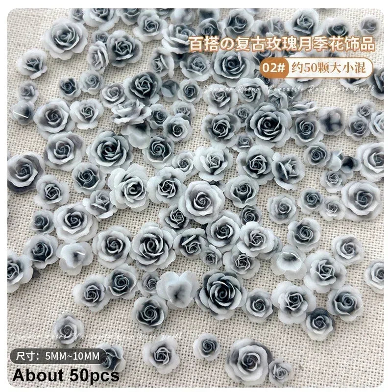 50Pcs Vintage 3D Rose Flowers Nail Art Jewelry Decoration Colorful Halo Dyeing Camellia DIY Fashion Manicure Accessory - MP80