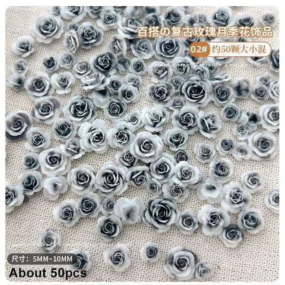 50Pcs Vintage 3D Rose Flowers Nail Art Jewelry Decoration Colorful Halo Dyeing Camellia DIY Fashion Manicure Accessory - MP80