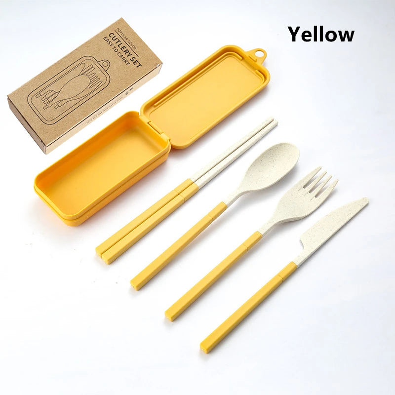 4Pcs Portable Tableware Set Wheat Straw Dinnerware Detachable Cutlery Travel Tableware Picnic Dinnerware Set Camping Cutlery 
