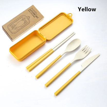 4Pcs Portable Tableware Set Wheat Straw Dinnerware Detachable Cutlery Travel Tableware Picnic Dinnerware Set Camping Cutlery 