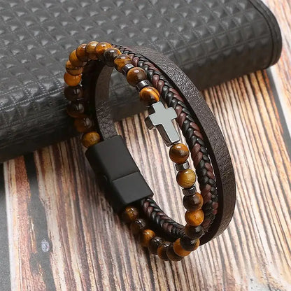 Classic Men's Leather Bracelet New Style Hand-woven Multi-layer Combination Accessory Fashion Man Jewelry - H1 / 23cm