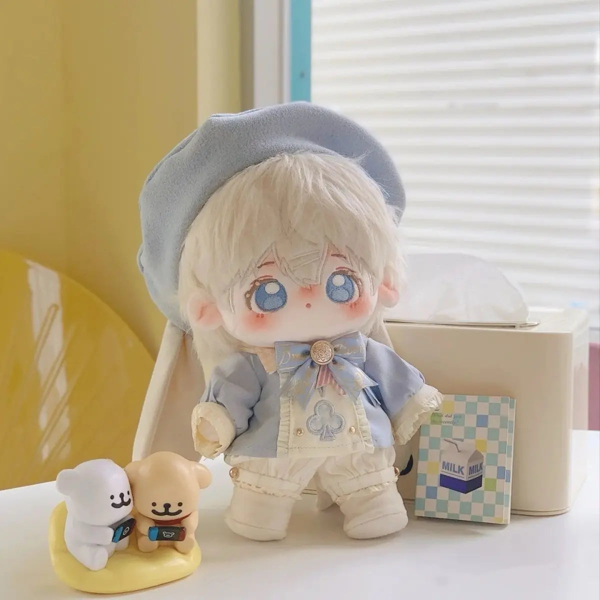 20CM Cotton Doll Clothes Blue School Style Outfit with Long Ear Rabbit Hat Cute Plush Doll Dress Up Accessories