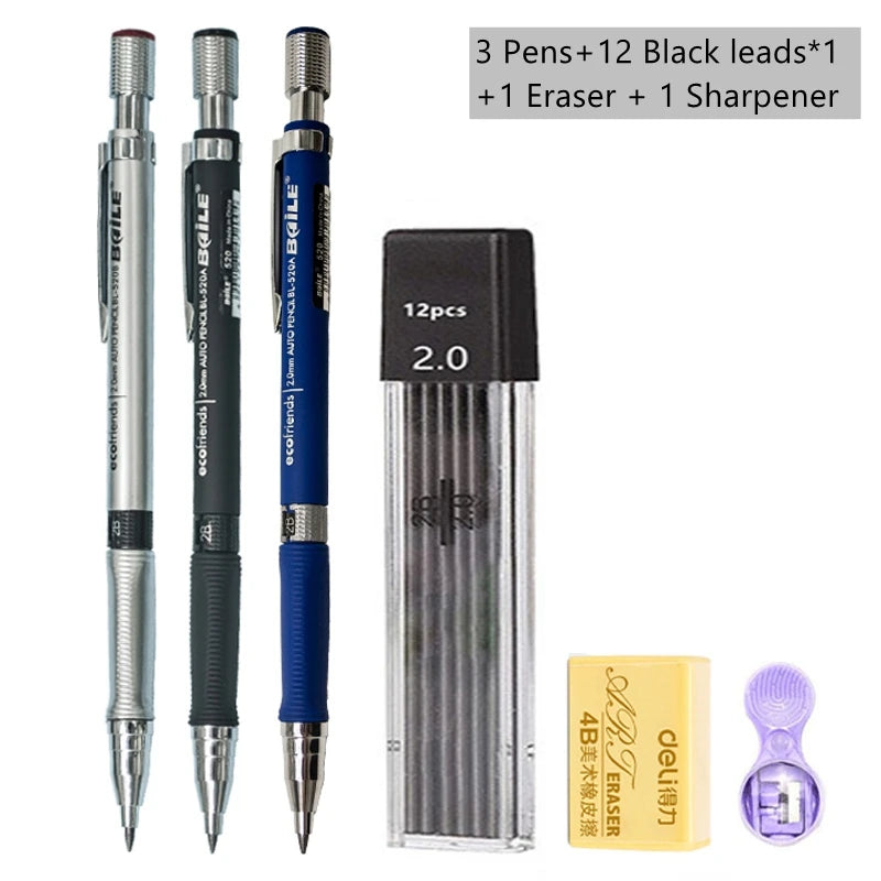 Mechanical Pencil Set 2.0 mm with 2B Black/Colors Lead Refill For Writing Sketching Art Drawing Painting School Automatic Pen