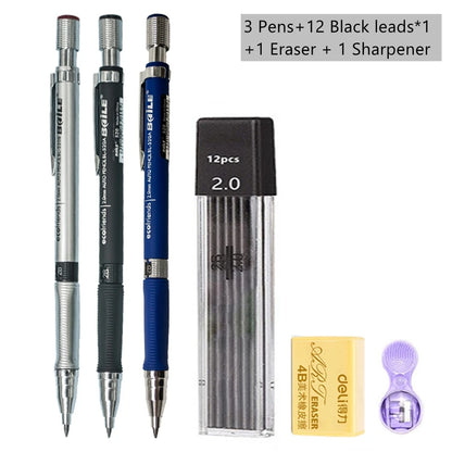 Mechanical Pencil Set 2.0 mm with 2B Black/Colors Lead Refill For Writing Sketching Art Drawing Painting School Automatic Pen