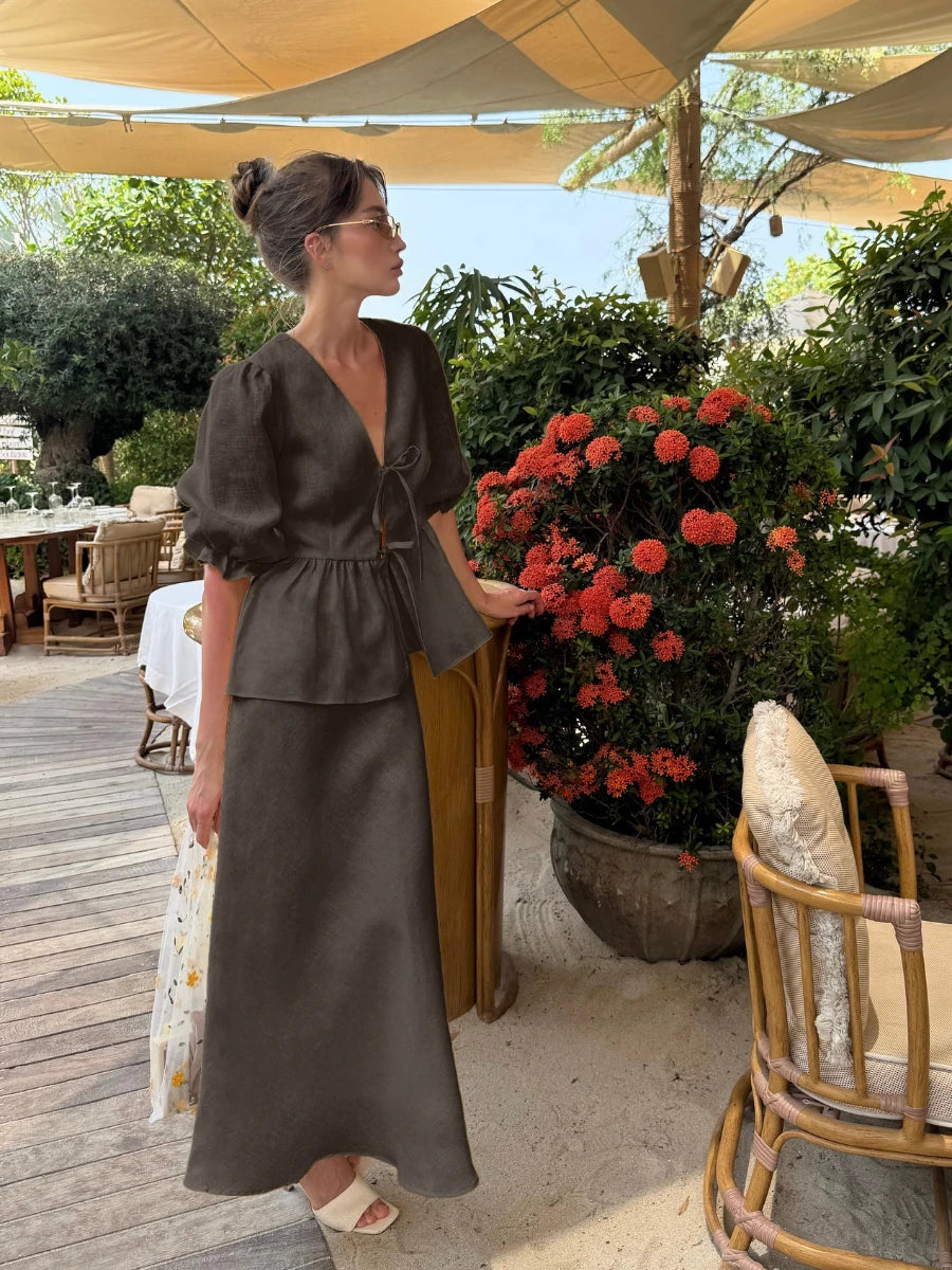 Bornladies 2025 Summer Women's 100% Cotton V-Neck Lace-Up Bubble Sleeve Shirt Long Skirt Set Loose Casual Two-Piece Suit - Co