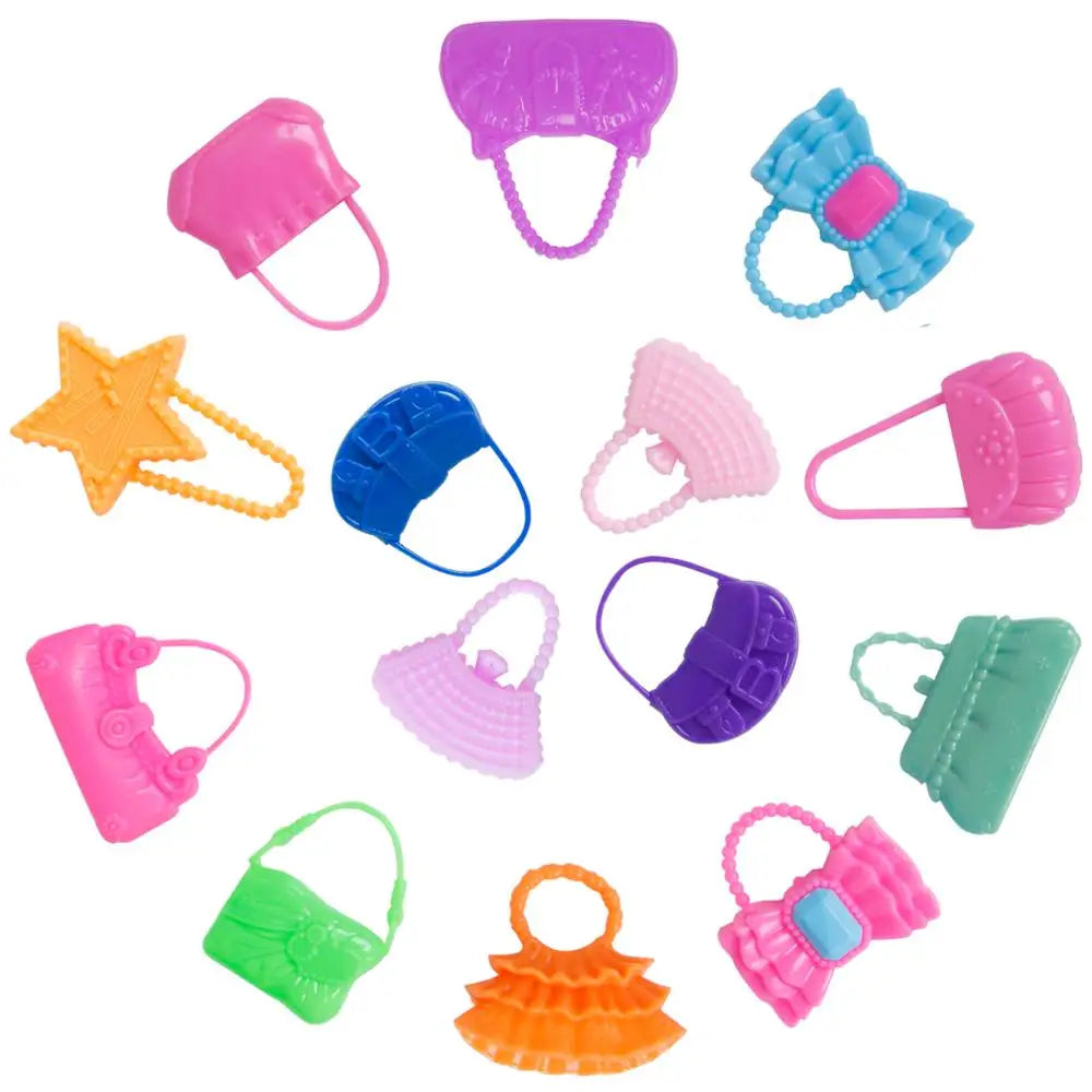 42 Item/Set Doll Accessories = 10Pcs Shoes + 8 Necklace 4 Glasses 2 Crowns 2 Handbags + 8 Pcs Doll Dress Clothes for 1/6 Doll