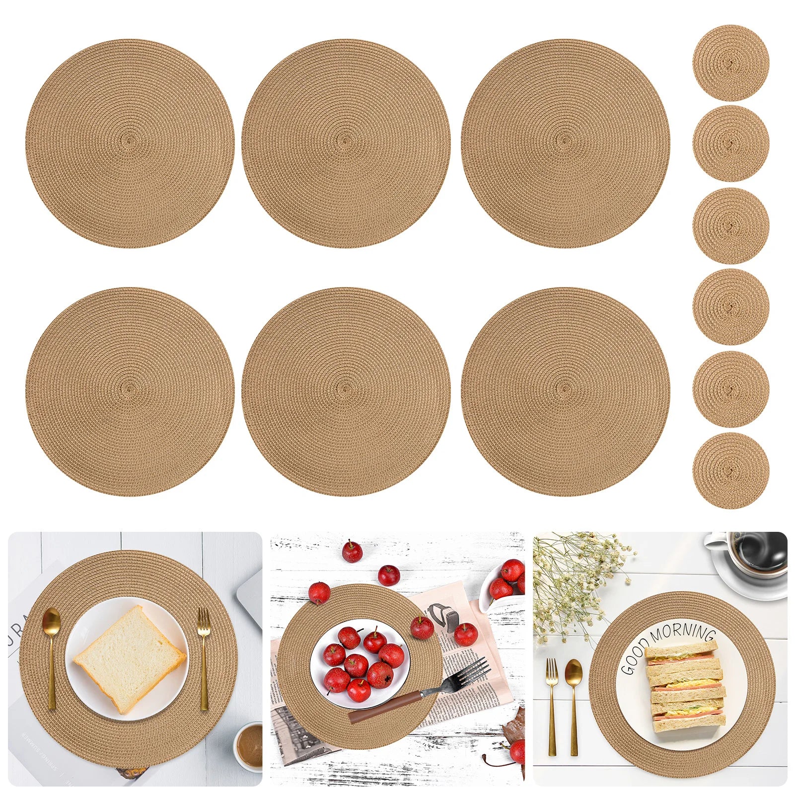 Round Braided Placemats Set of 6 Washable PP/PET Heat Resistant 34cm Table Place Mat for Kitchen Xmas Dining Table Party Deco