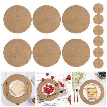 Round Braided Placemats Set of 6 Washable PP/PET Heat Resistant 34cm Table Place Mat for Kitchen Xmas Dining Table Party Deco