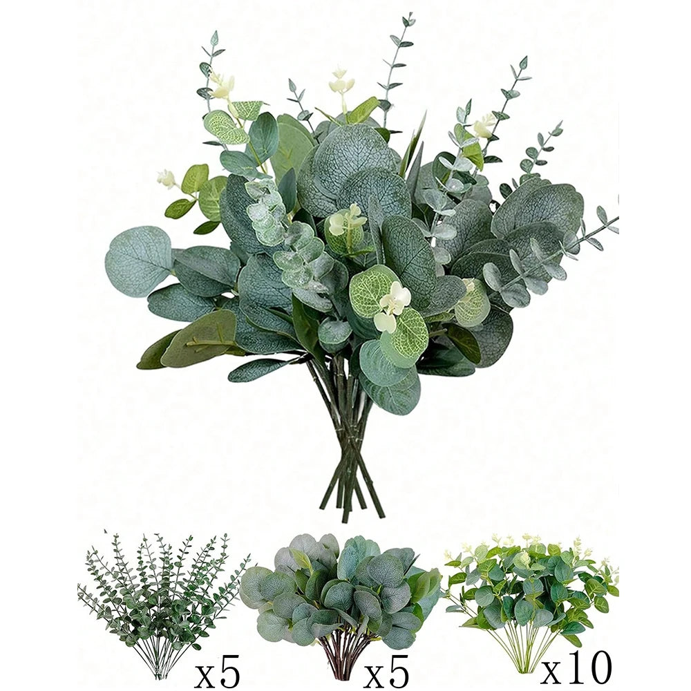 20pcs Eucalyptus Leaves Stems Artificial Plant Bouquet Fake Flowers for Home Decor DIY Floral Arrangement Wedding Decoration