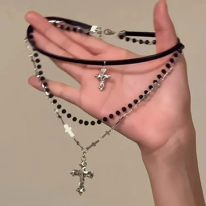 Punk Multi-Layer Cross Necklace Spicy Girl Y2K Vintage Beaded Long Cross Pendant Hip-pop Personalized Chain Long Necklace