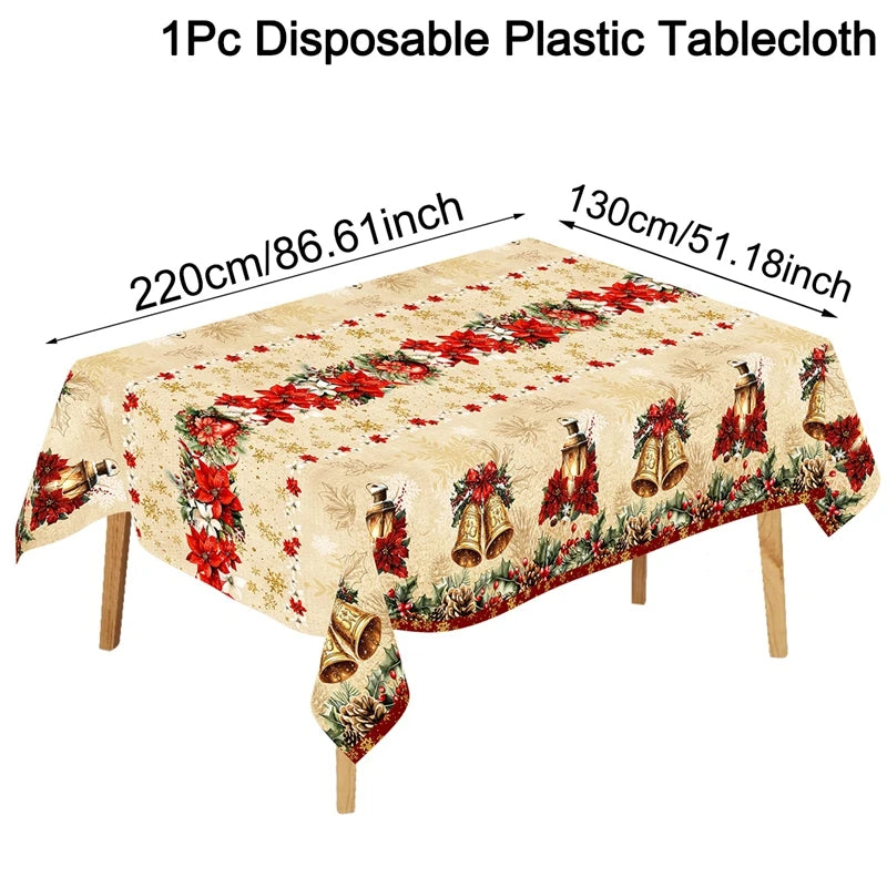 Vintage Christmas Tablecloth Poinsettia Bell Tablecover Christmas Decorations for Home 2025 Navidad Gifts Dining Table Cover