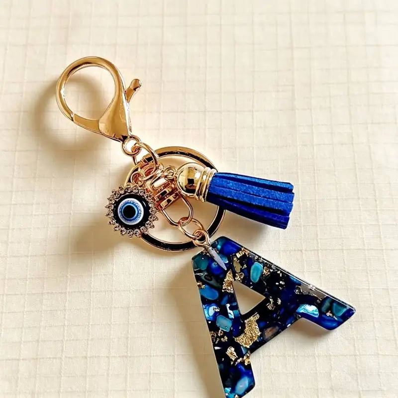 Blue Resin Initial Keychain - Evil Eye Letter Charm with Rhinestones & Tassel, Stylish Gift for Women, Lobster Clasp Accessor
