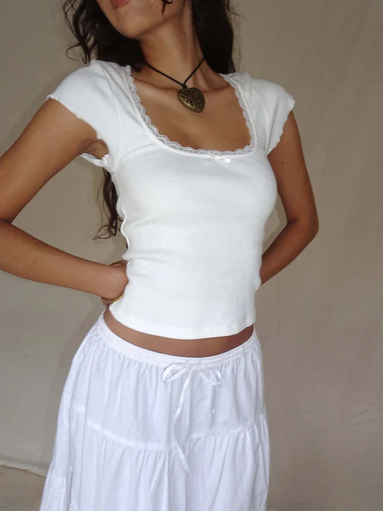 y2k Vintage Baby Tee Cottage Lace Trim Knitted T-Shirt Summer Square Neck Short Sleeve Tee Shirt Women White Milkmaid Crop To