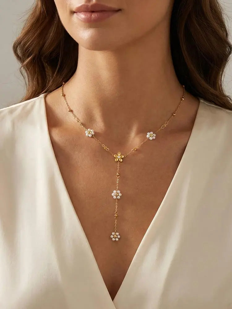 Golden Drop Lariat Chain, Women's Layered Beaded Y Necklace, Stainless Steel Flower Pearl Long Pendant Fashion Jewelry Gift