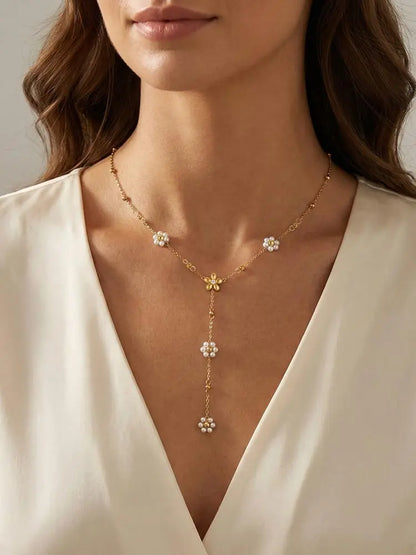 Golden Drop Lariat Chain, Women's Layered Beaded Y Necklace, Stainless Steel Flower Pearl Long Pendant Fashion Jewelry Gift