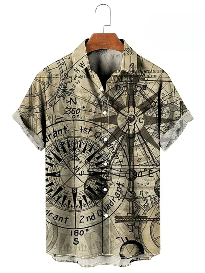Vintage Button Up Shirt Man 3d Map Printed Short Sleeve Hawaiian Shirt Lapel Men's Clothing Casual Fashion Tops Oversized Tsh