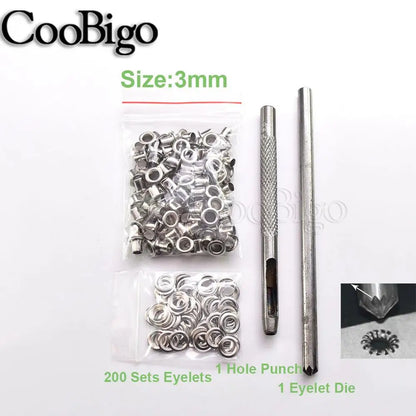 100sets Silver Metal Eyelets and Eyelet Punch Die Tool Set for Leathercraft Clothing Shoes Belt Bag Grommet Banner 2mm-17mm