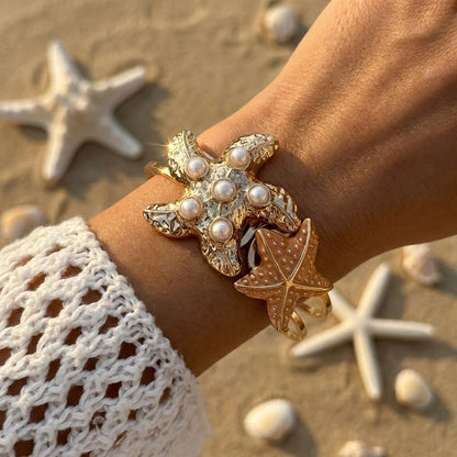 Elegant Enamel Flower Open Cuff Bracelet For Women Gold Plated Metal Pink White Blue Floral Bangles Beach Party Vacation Jewe