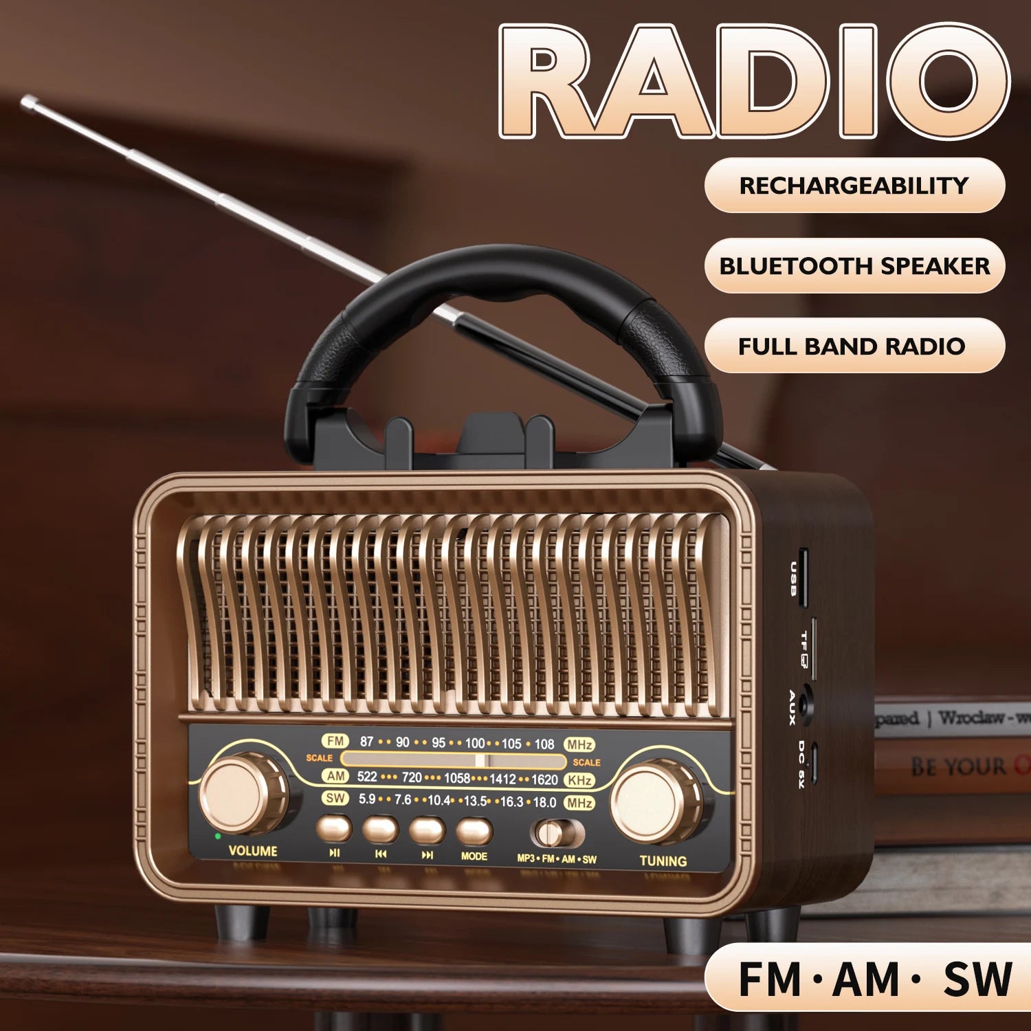 Retro Wireless Radio Portable AM/FM/SW with USB Rechargeable Battery with Antenna, AUX and TF Card Playback, Suitable for Hom