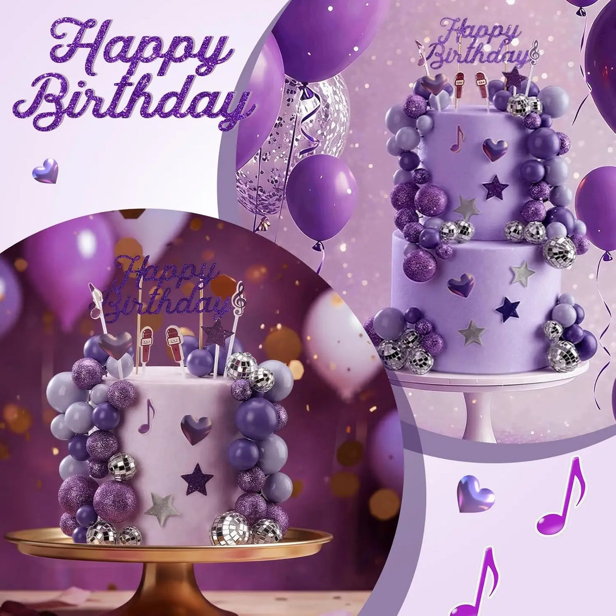 Complete K-Pop Party Cake Topper: Purple Disco Balls, Mic, Hearts & “Happy Birthday” – Music Theme Decor
