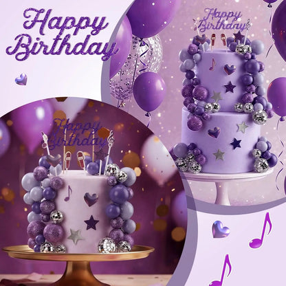 Complete K-Pop Party Cake Topper: Purple Disco Balls, Mic, Hearts & “Happy Birthday” – Music Theme Decor