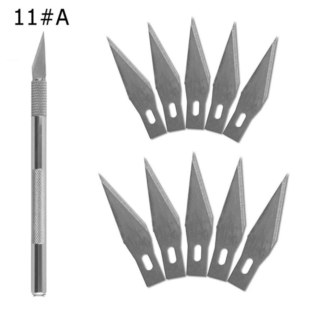 Engraving Non-Slip Metal Knife Kit + 40/10pcs #11 Blades Cutter Craft Knives for Mobile Phone PCB Repair Hand Tools - 1set-Si