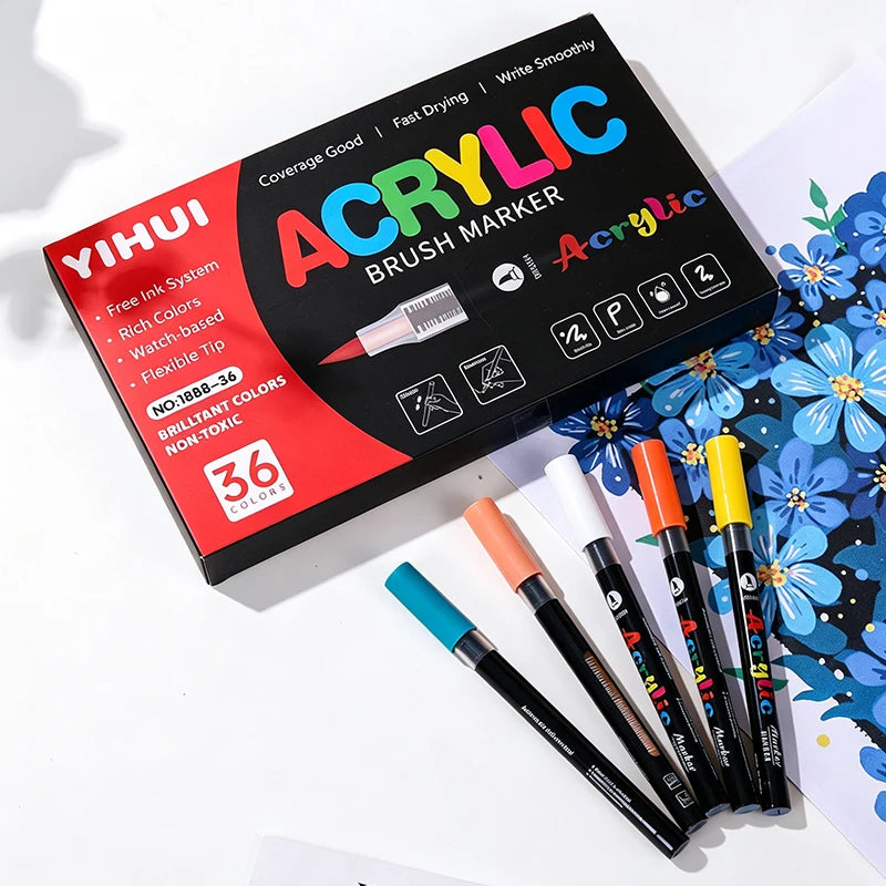 48 Colors Soft Brush Tip Acrylic Markers Pen Set, Paint Pens for Rock, Wood, Fabric, Glass, DIY Crafts, Waterproof Paint Mark
