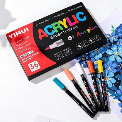 48 Colors Soft Brush Tip Acrylic Markers Pen Set, Paint Pens for Rock, Wood, Fabric, Glass, DIY Crafts, Waterproof Paint Mark