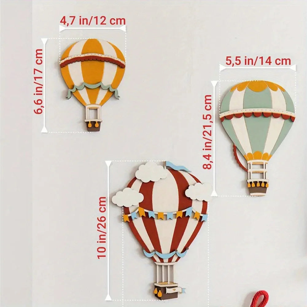 3D Wooden Hot Air Balloon Decorative Panels (Set of 3) - Vintage Style Home Wall Decorations, Colorful Hot Air Balloon Decora