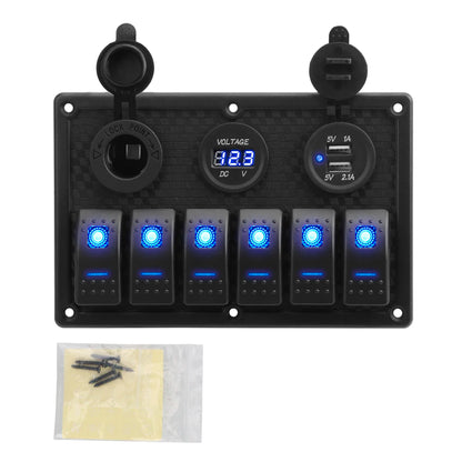 24V 12V 6 Buttons Switch Panel With Digital Voltmeter Tester USB Chargers 3.0 Light Toggle Car Power Adapter Marine Boat Cara