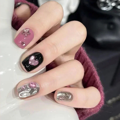 24pcs Detachable Short Press on Nails Y2k rhinestone False Nails with Glue Ballet Sweet Cool Girls Artificial False Nails Tip