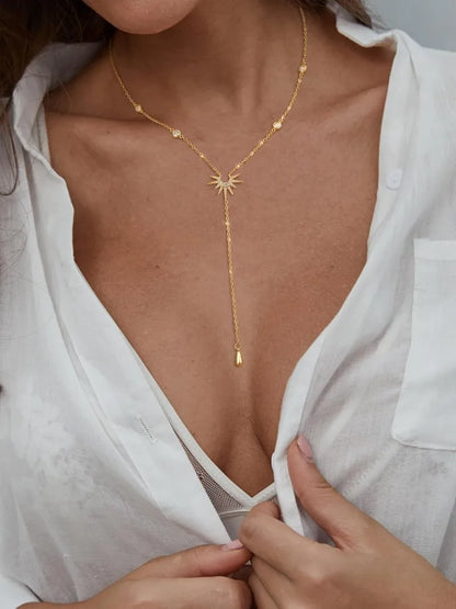 Lariat Gold Necklace for Women 14K Gold Plated Layered CZ Y-Shaped Pendant Drop Dangle Necklaces for Mom Teen Girls Jewelry G