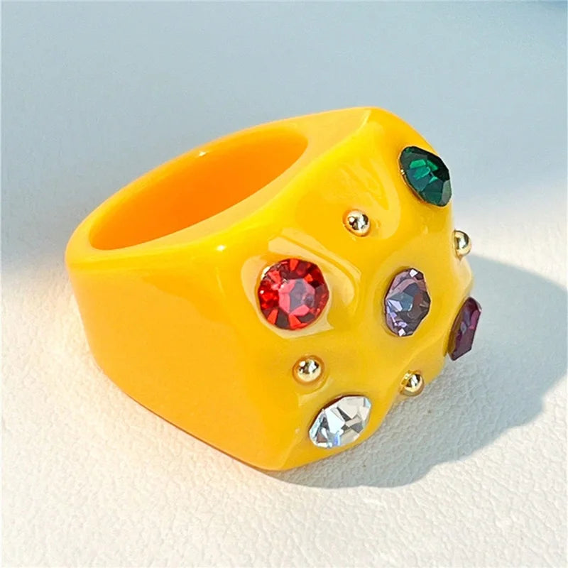 2022 New Sweet Multicolor Resin Oil Drip Ring for Women Geometric Oval Flowers Beads Rhinestones Ring Cute Jewelry HangZhi - 