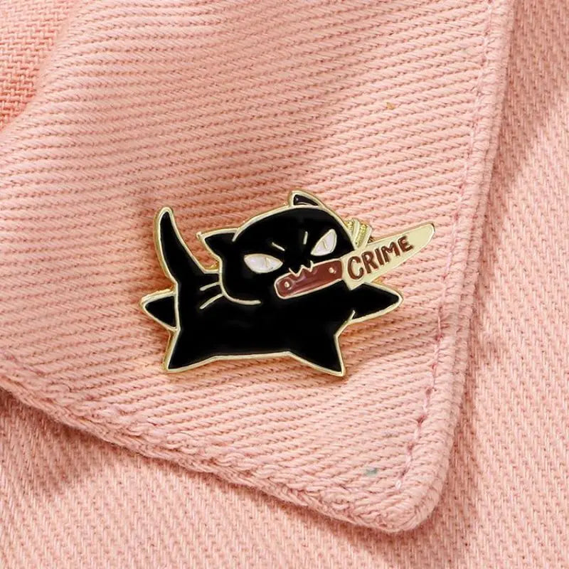 1pc Cute Cartoon Black Cat Enamel Brooch Creative Animal With A Knife In Mouth Lapel Pin Badge Backpack Clothing Hat Accessor