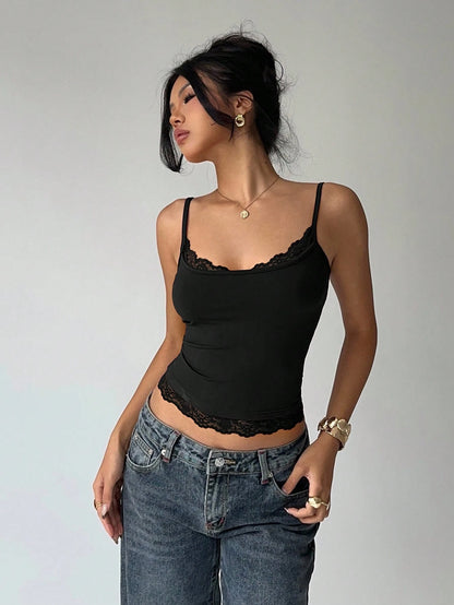 Women's Sexy Lace Trim U-Neck Basic Solid Color Slim Fit Cami Top Casual Spaghetti Straps Backless Crop Top Spring/Summer 202
