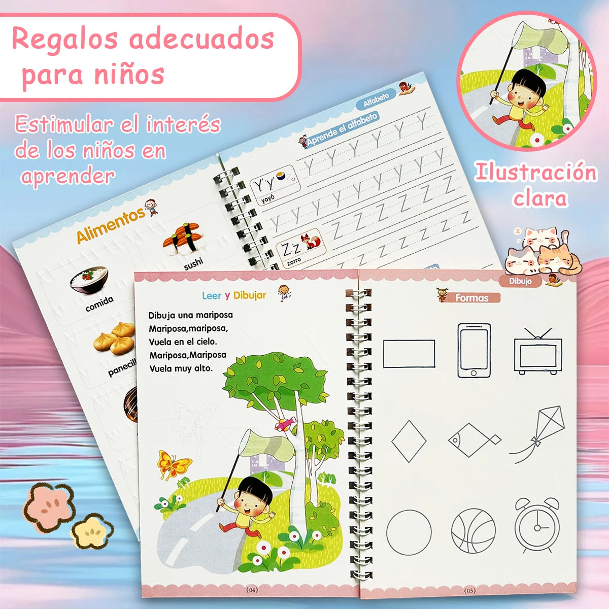 4 Booksset Notebook Spanish Sketchbook Montessori Calligraphy Magic Book Copybook Handwriting Early Learn