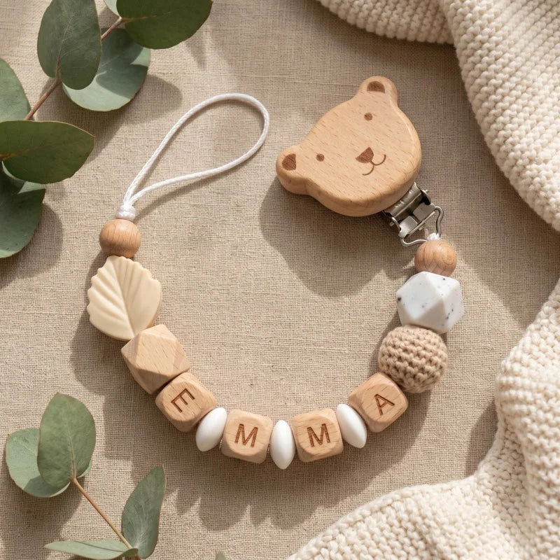 Personalized Pacifier Clip Custom Name Silicone Wooden Beads Baby Teether Chain Soother Holder BPA Free Newborn Baby Shower G