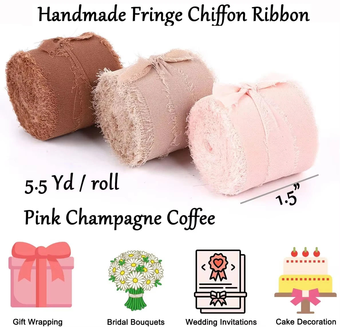 5m/Roll Frayed Silk Ribbon Edged Wrinkle Chiffon Handmade Ripped Wedding Party Flower Bouquet Gift Packing Decorations DIY Cr
