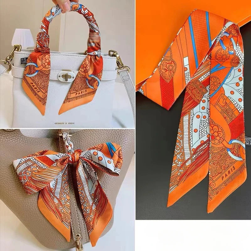 French Retro Print Tying and Wrapping Handle Ribbon Women's Imitation Silk Scarf Light Luxury Saddle Printed Streamer Decorat